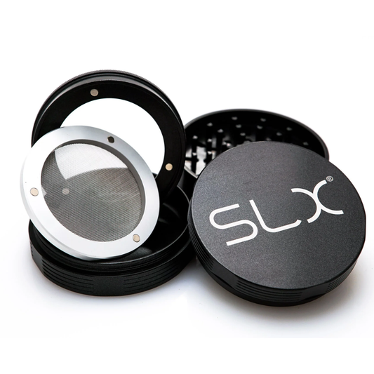 Black herb grinder with 'SLX' branding on a white background