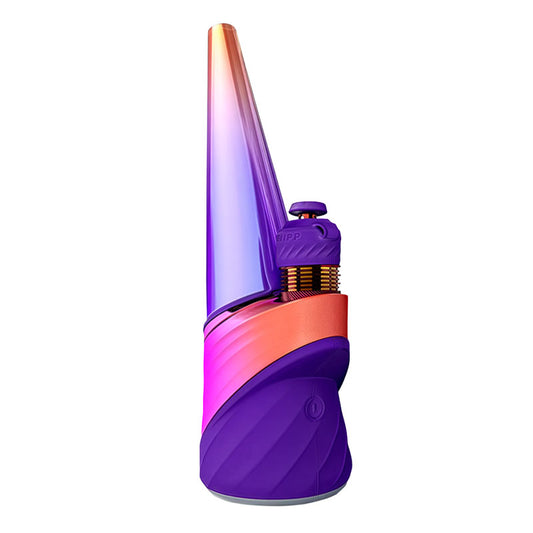 Three quarter product view highlighting the metallic body and purple glass