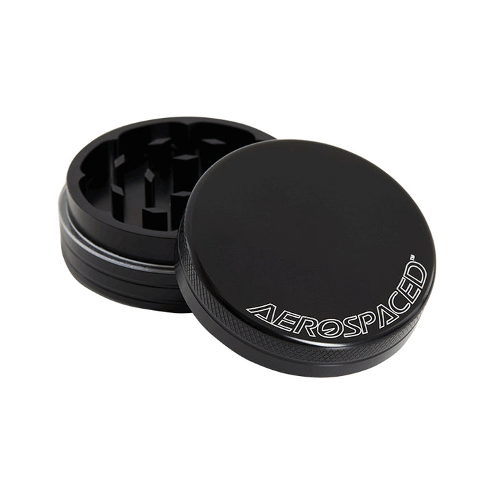 Aerospaced 2 piece black grinder, against a white background.